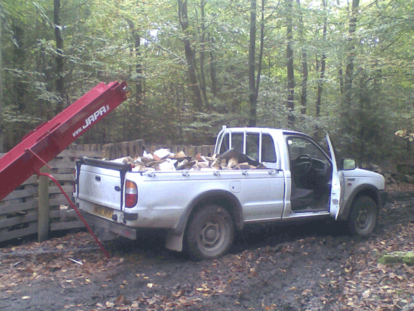 A pick up truck being loaded with logs
