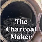 The charcoal maker - a view in to a charcoal retort with the title in front of the charcoal