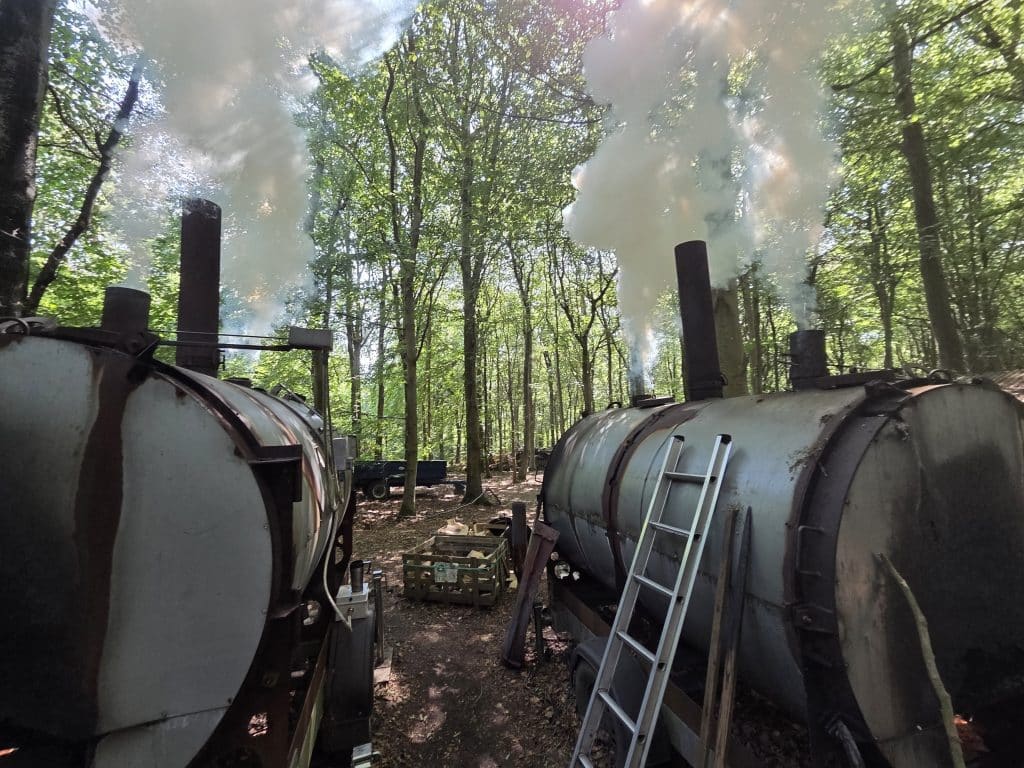 Charcoal retorts - two Exeter charcoal retorts steam away